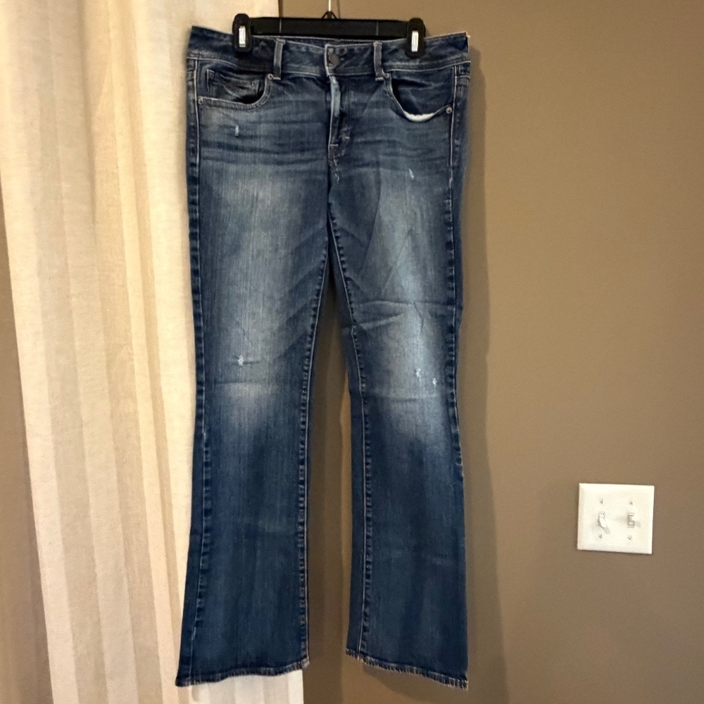 American Eagle Women's Jeans Blue Kick Boot Cut Stretch Distressed, Size 10 Long